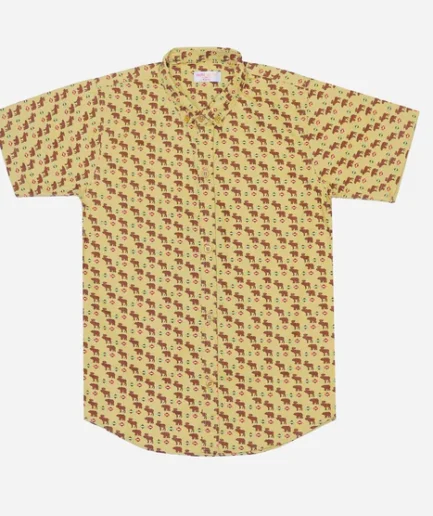 BROWN CAMEL COTTON, PRINTED CASUAL SHIRT FOR BOYS