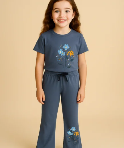 Grey color flower Bellbottom Trouzer set