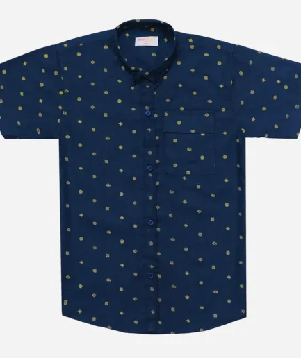 ROYAL BLUE COTTON, PRINTED CASUAL SHIRT FOR BOYS